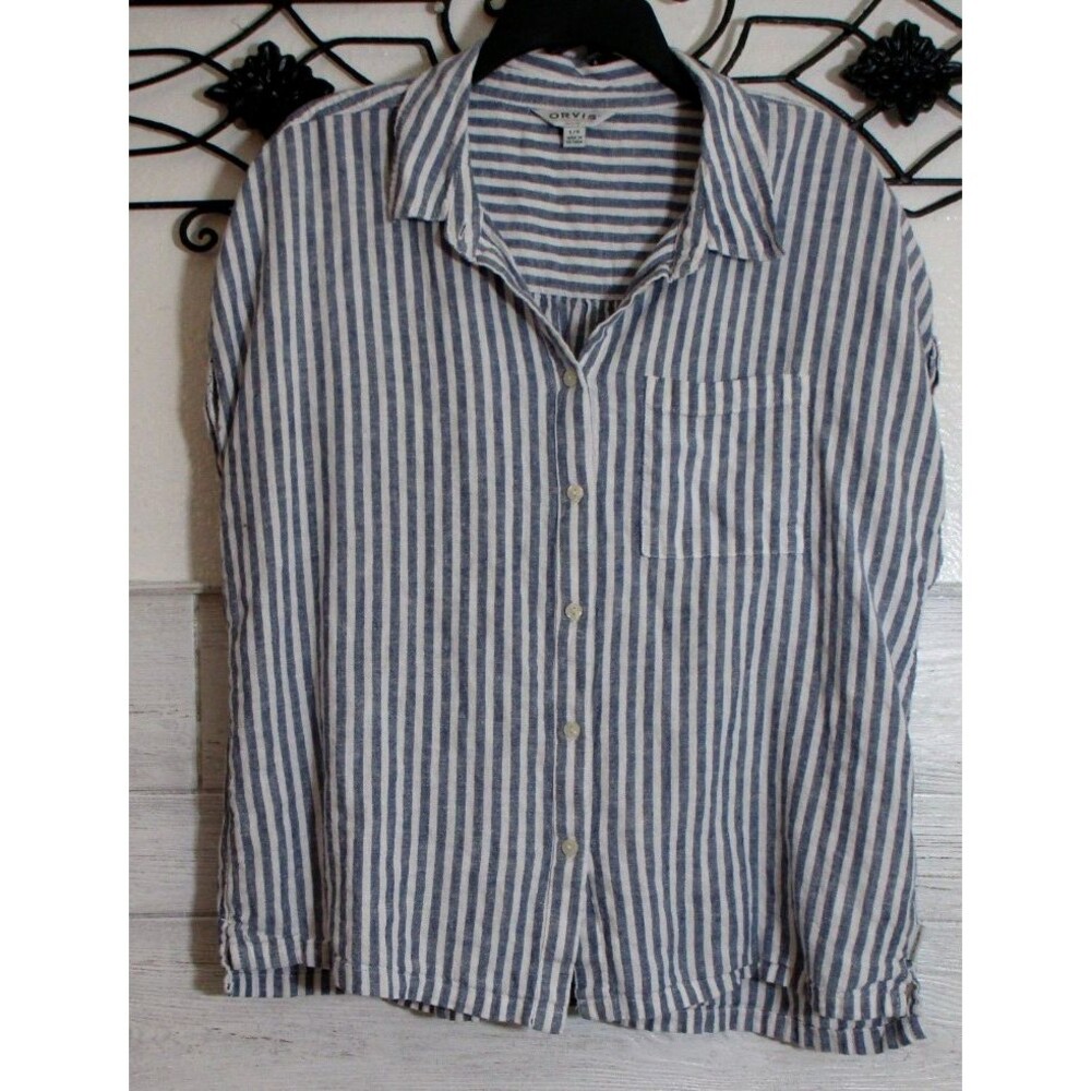Orvis Women's Top Size L Short Sleve Multicolored Striped collared Neck